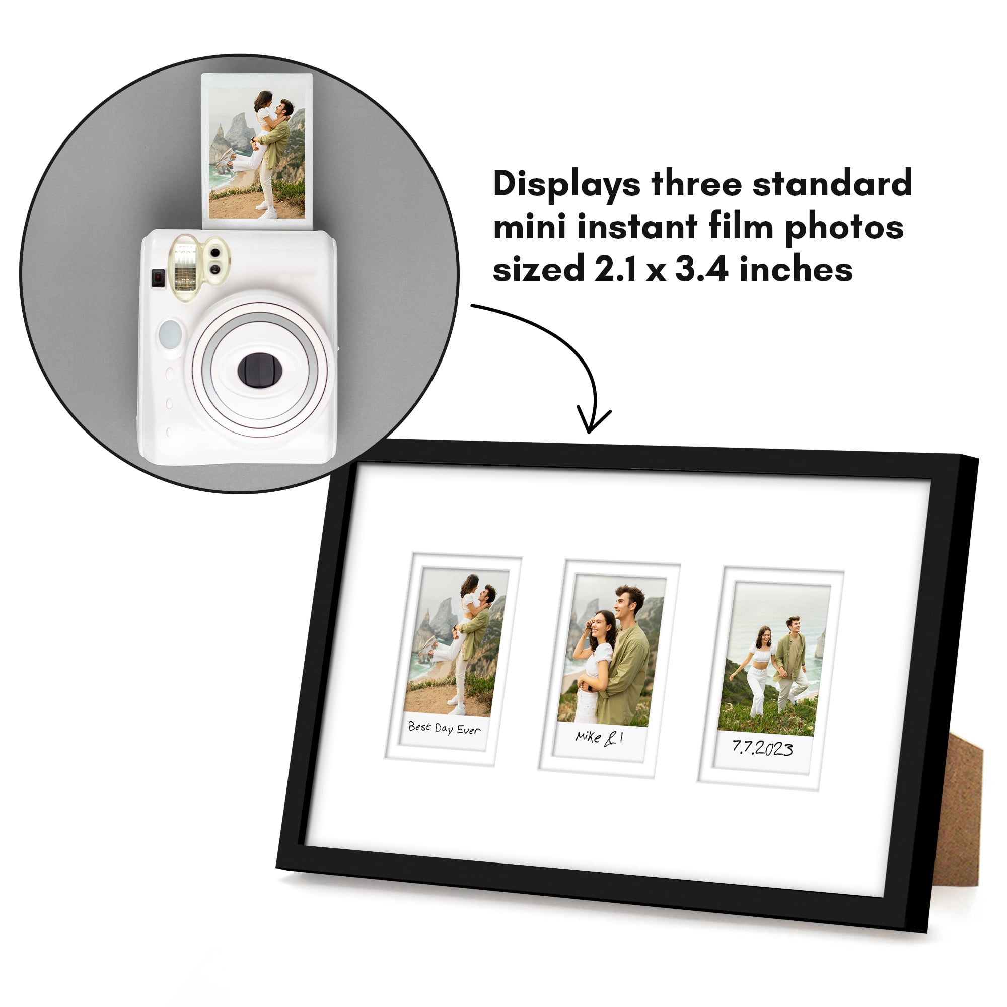 Americanflat Mini Instant Photo Collage Frame with 3 Openings and Double White Mat - Display 2.1x3.4" Photos - Black