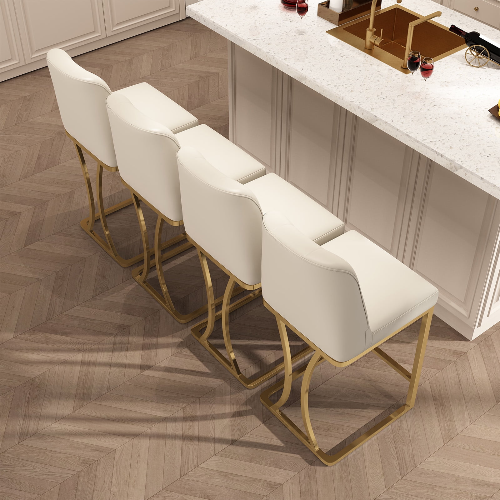 HomeZeer Counter Height Bar Stools Set of 4, Bar Stools with Back and Sliver Metal Frame, 24" Barstools with Footrest, Upholstered PU Leather Counter Stool Chairs for Kitchen Island,White