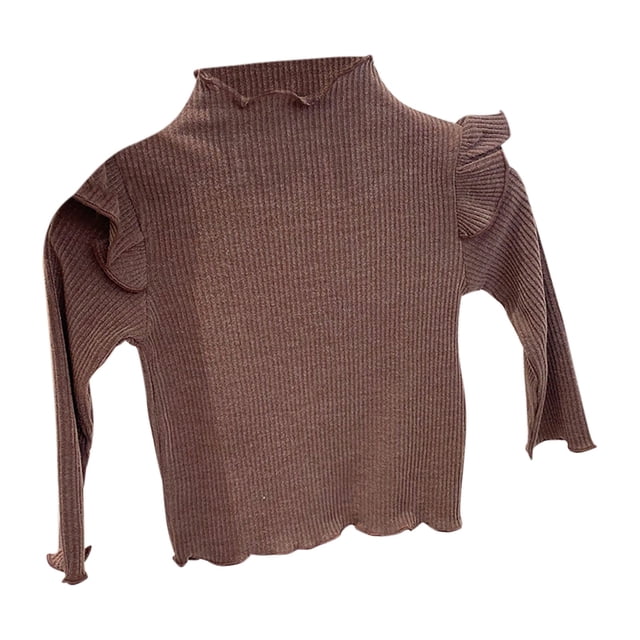 Vêtements d'Hiver pour Filles 2025 Chandail Basique Uni Mignon à Volants Col Roulé Manches Longues Café