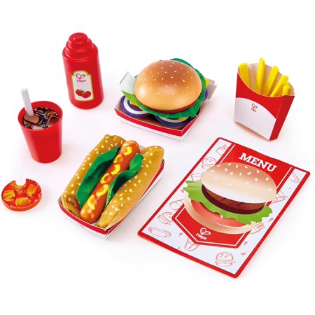 Hape Fast Food Set |Wooden Diner Fast Food Toy Set, Classic American Meal for Pretend Play Includes Burger, French Fries, Hotdogs & Cola