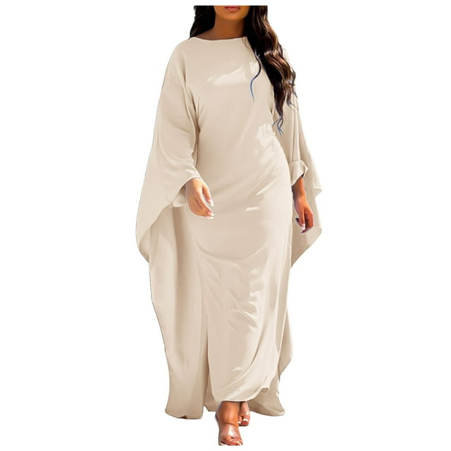 2025 Robe de Soirée en Satin pour Femmes Foulard Robe Abaya Femmes Musulmanes Foulards pour Femmes Visage Élégant Uni Col Rond Hijabs pour Femmes Manches Chauve-Souris Ample Maxi Manches Longues Robe Maxi