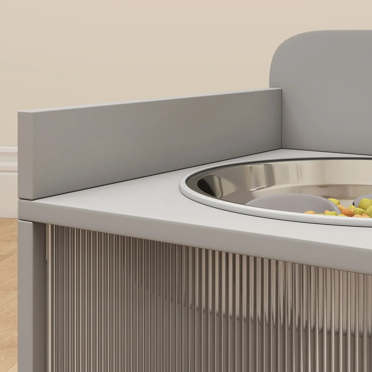 Elevated Dog Bowls with 2 Stainless Steel Bowls (Slow Feeder & Water Bowl) 13.2 Gal Hidden Storage 13.8" Ergonomic Height for Large Dogs (19.7"-23.6" Shoulder) Gray Stylish Feeding Station