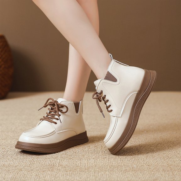 Willtoo Women Fashionable Casual Shoes Anti-Slip Thick Sole Height Increasing Warm Comfortable Short Boots Lace-Up Ankle Stretch Side Panel Platform Boots