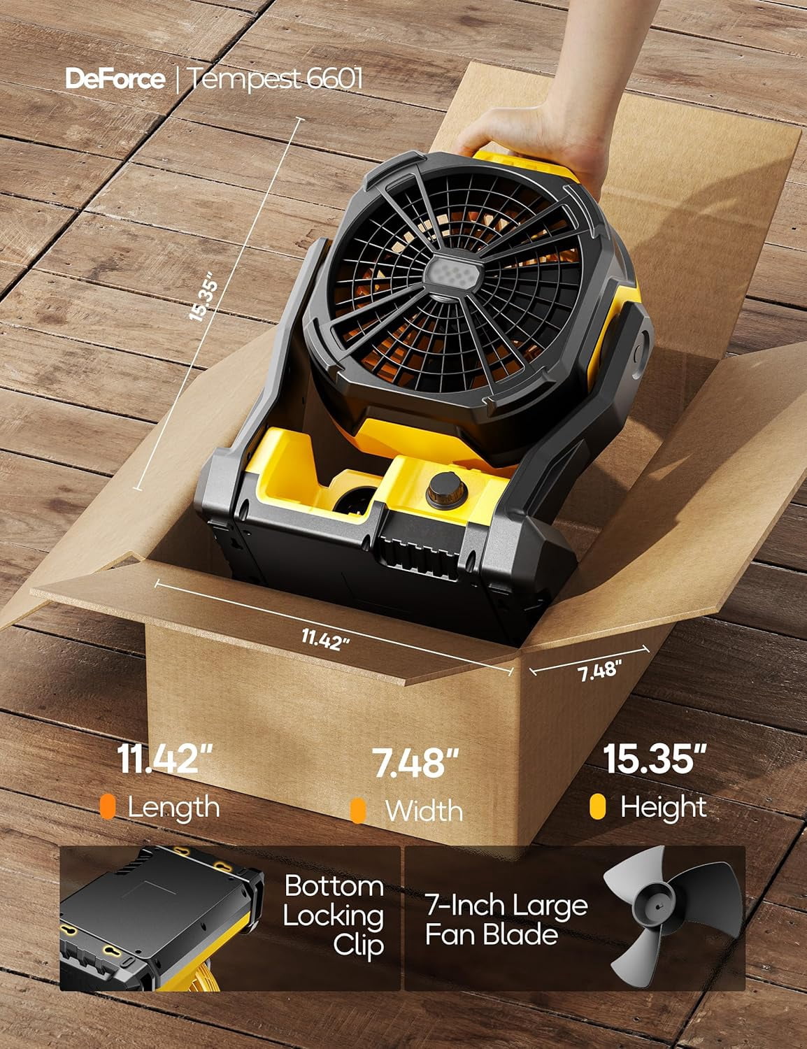 Battery Operated Fan, for DEWALT 20V Max Battery, Camping Fan Cordless, Option for Corded, with LED Lights, Variable Speed, Hook for Hanging, for Jobsite(Battery Not Included)