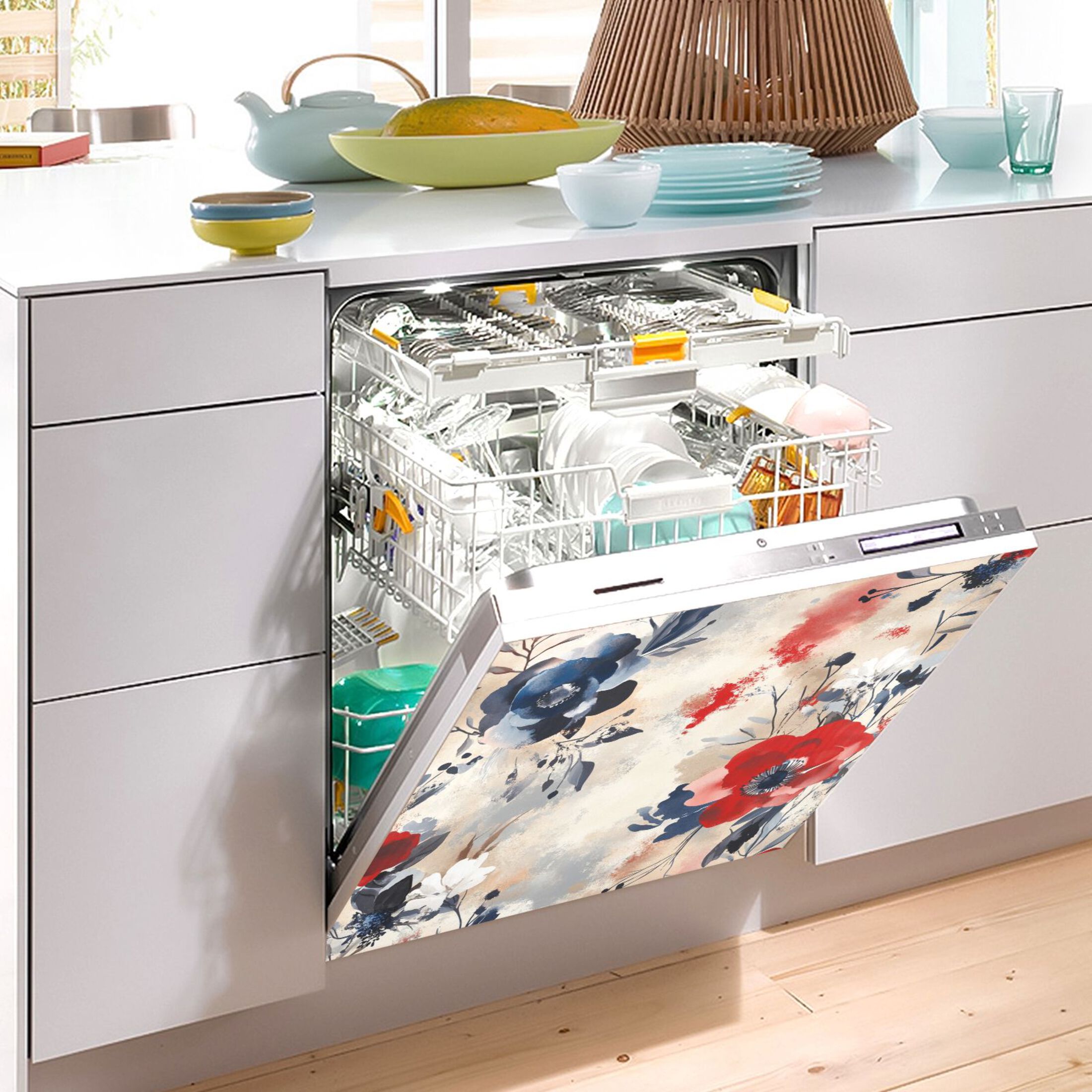 Dishwasher Magnetic Sticker 23x26 Inch Refrigerator Magnetic Sticker Washing Machine Magnetic Sticker Kitchen Panel Magnetic Sticker Home Decor Beautiful Red and Blue Flowers