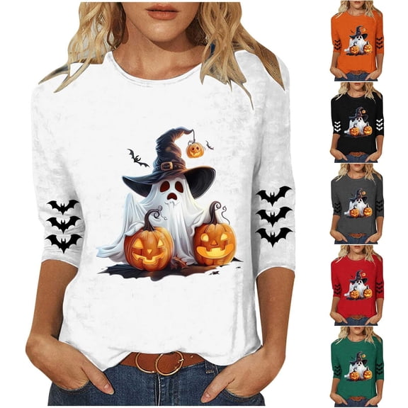 IDOCLOTHES Halloween Oversized Tshirts for Women Cute Ghost Pumpkin Printed 3/4 Length Sleeve Womens Tops Dressy Casual Graphic Tees T Shirts Women's Fall Fashion Clothing Green, S