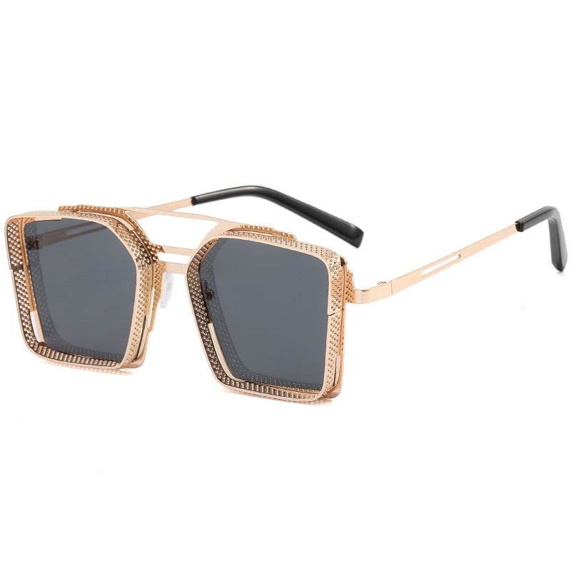 Mens Sunglasses Metal Hollow Square Frame Trendy Double Beam Design for Outdoor Sports Fishing Travel Driving Stage
