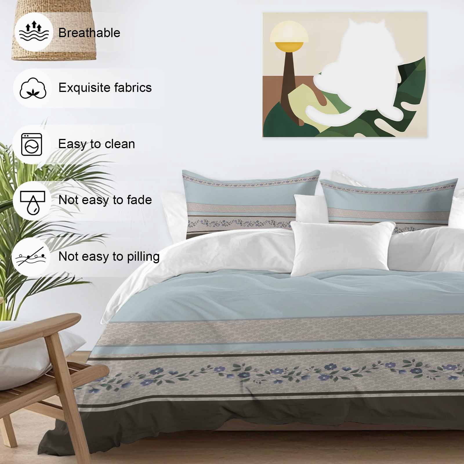 Aqua Floral Bedding 3 Piece Duvet Cover Set Twin Size, Modern Farmhouse Leaves Brown Striped Soft Microfiber Comforter Cover with Zipper Closure & Pillowcases, Wrinkle & FadeResistant Quilt Cover