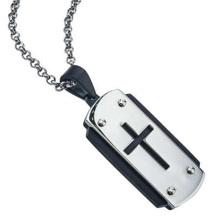 Mens Stainless Steel Cross Cutout Dog Tag Pendant