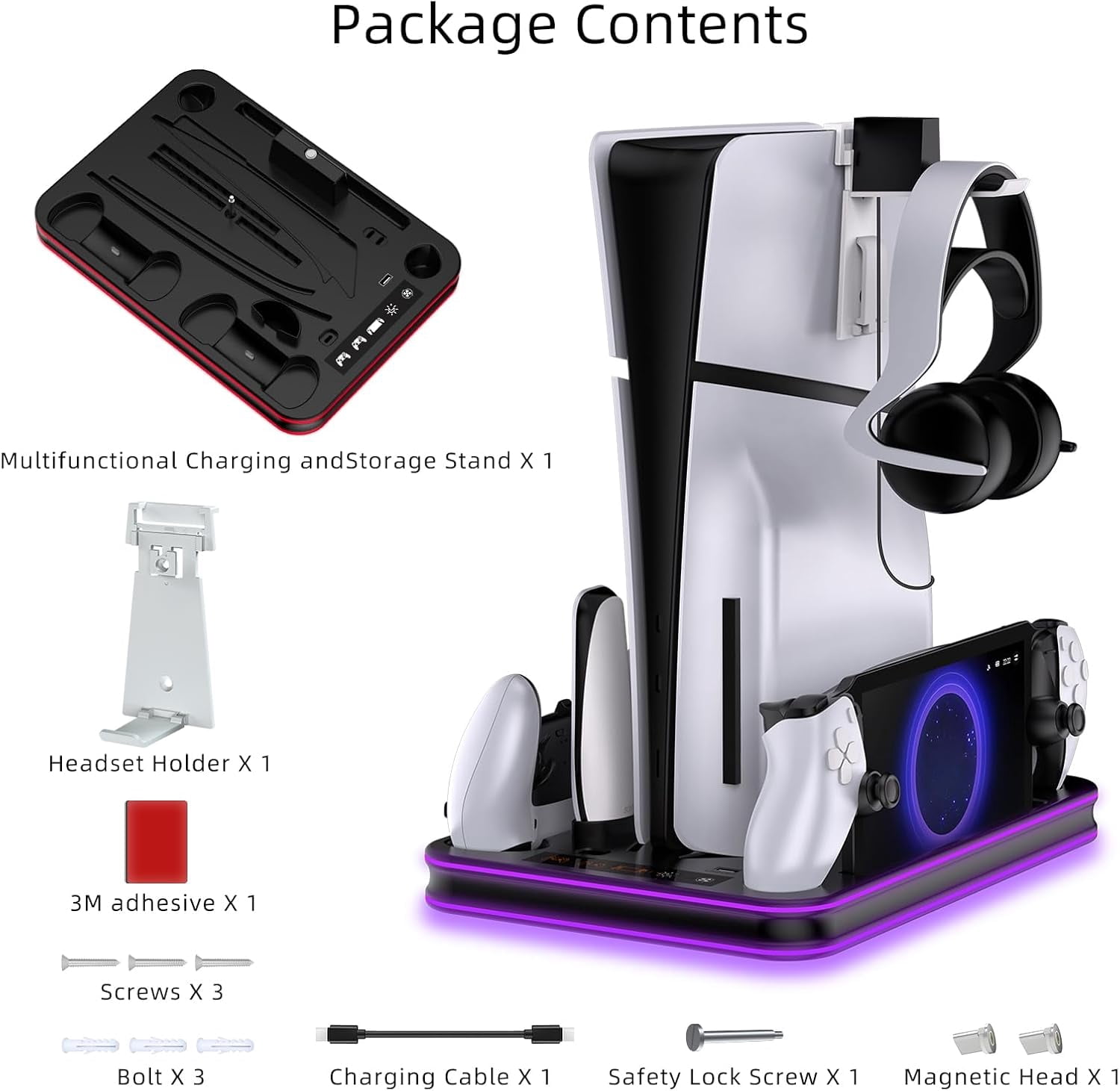 Vertical Cooling Stand Compatible with PS5 For PS5 Slim,RGB Light Charging Dock for PlayStation Portal,For PS5 Controller Charging Station with Headset Stand-Black