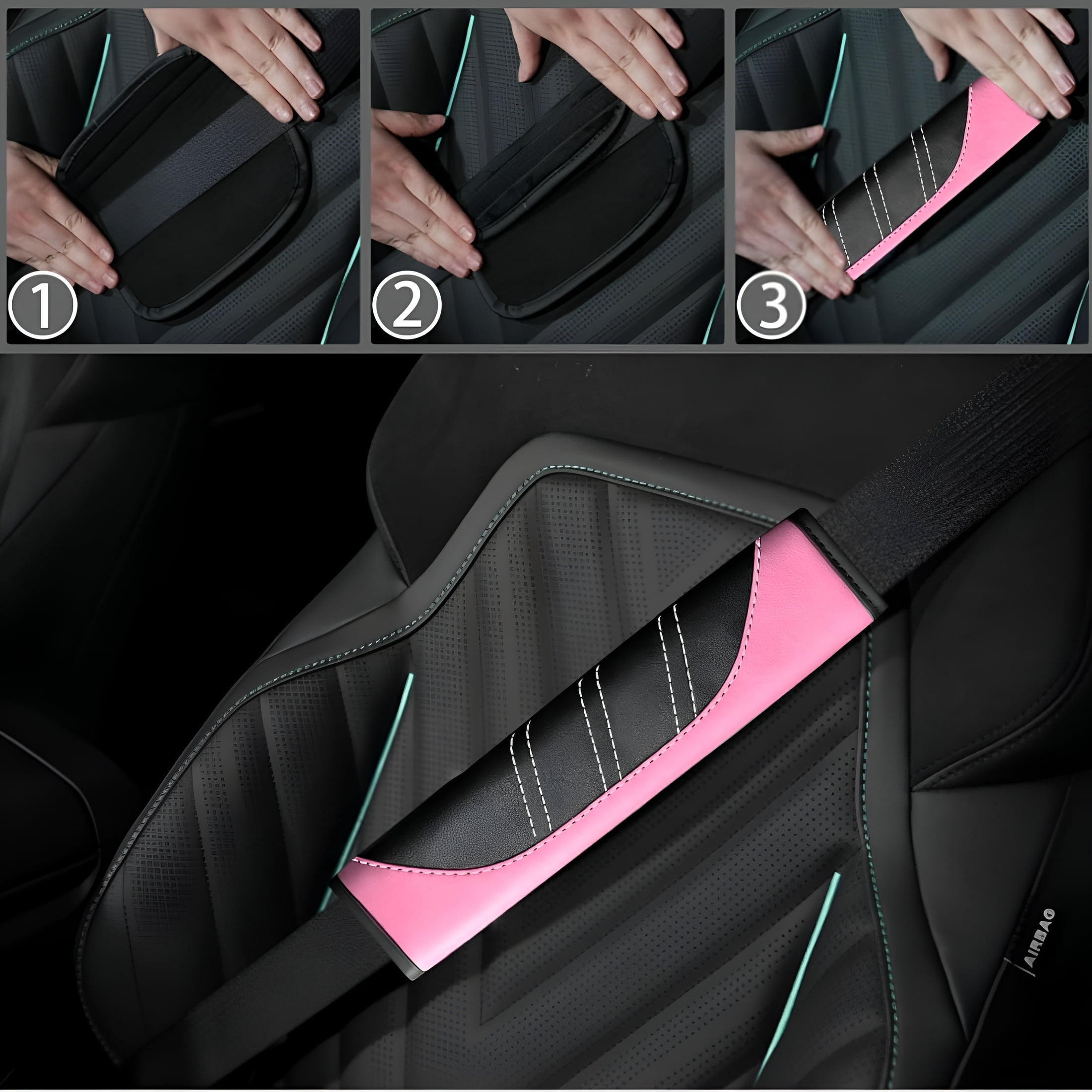 LADYGYM 2026 New 6 Pcs Pink Car Accessories Set,Sport Leather Steering Wheel Cover 14.5-15Inch Universal,Microfiber Leather Car Center Console Cover,Seat Belt Cushion,Cup Holder Coaster(Black-Pink)