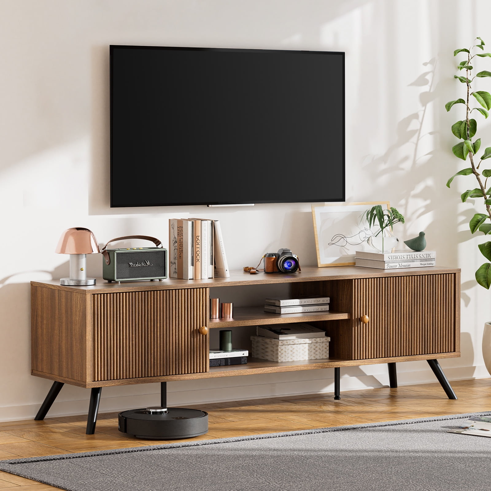 LUCKLIFE 59" Mid Century Modern TV Stand for TVs up to 65", Brown