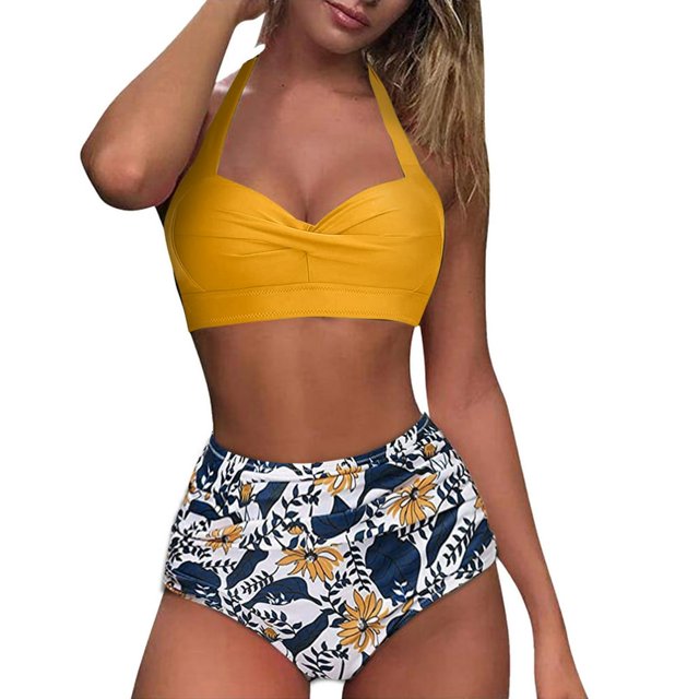 Women Vintage Swimsuit Two Piece Retro Halter Ruched High Waist Print Bikini Set