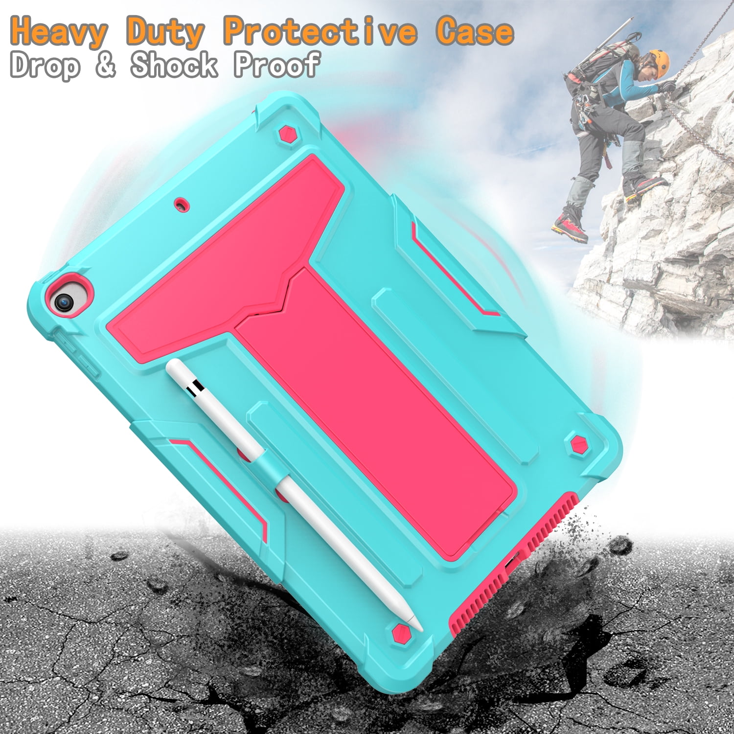 Allytech iPad 7th Generation Cases, iPad 10.2" 2019 Case Heavy Duty Hybrid PC + Silicone Drop Protection Rugged Case with Pencil Holder Built-in Kickstand for Apple iPad 10.2 inch, Aqua/Rose