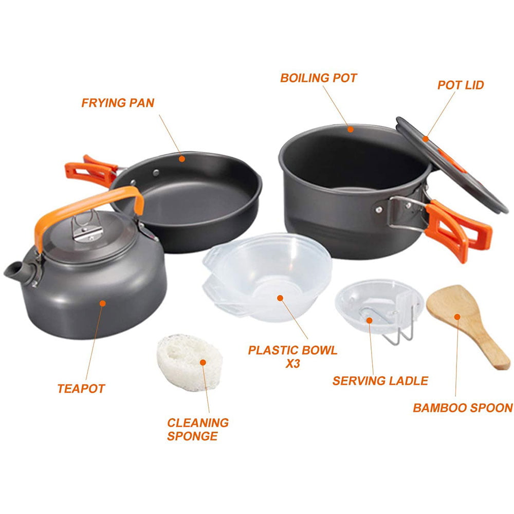 Camping Cookware Set, 13-piece Lightweight Aluminum Camping Casserole Pan  Set With Mesh Bag, Kettle, Knife, Fork, Spoon, 2 Cups And Hook