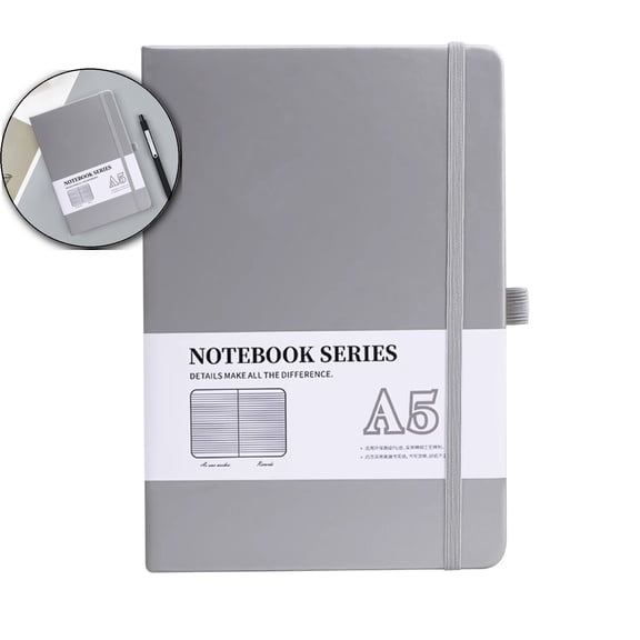 Lined Notebook Journal for Women Men 200 Pages A5 Hardcover Leather with Pen Holder, Journals for Work Note Taking Travel(Silver)