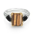 thumbnail image 2 of Gem Stone King 925 Sterling Silver and 10k Yellow Gold Brown Tiger Eye and Black Onyx 3 Stone Engagement Ring for Women (3.91 Cttw, Emerald Cut Cut 10X8MM, Size 7), 2 of 4