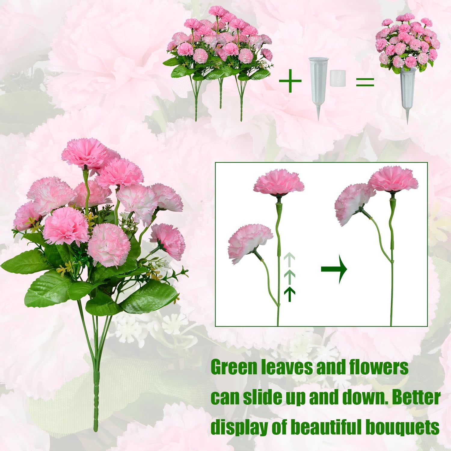 Cemetery Flowers, Set of 2 Artificial Carnation Bouquet Grave Memorial Flowers with Vase for Cemetery Headstones Decoration (Carnation)