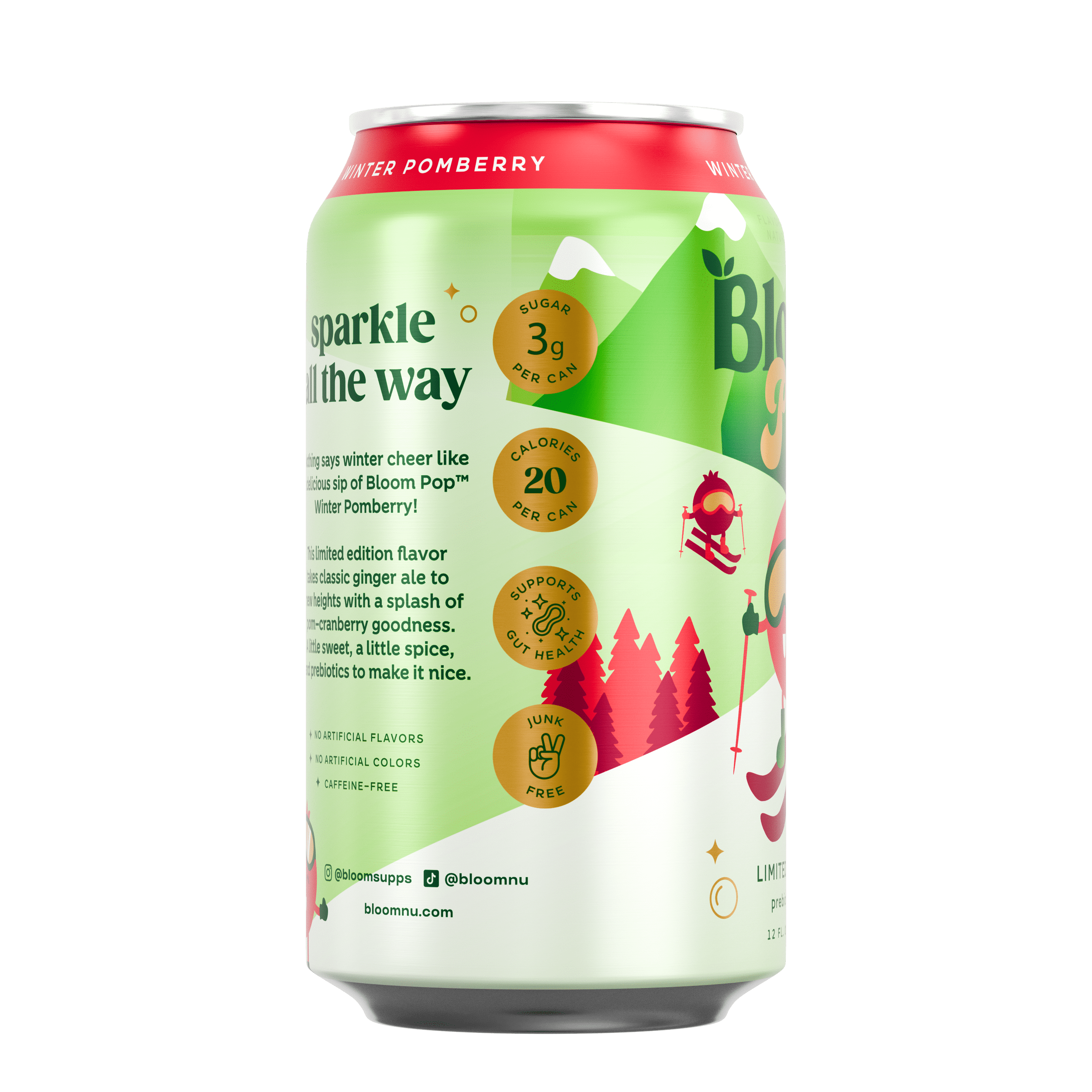 (12 pack) Bloom Nutrition Pop Prebiotic Soda, Winter Pomberry Limited Edition, 12 fl oz, Can