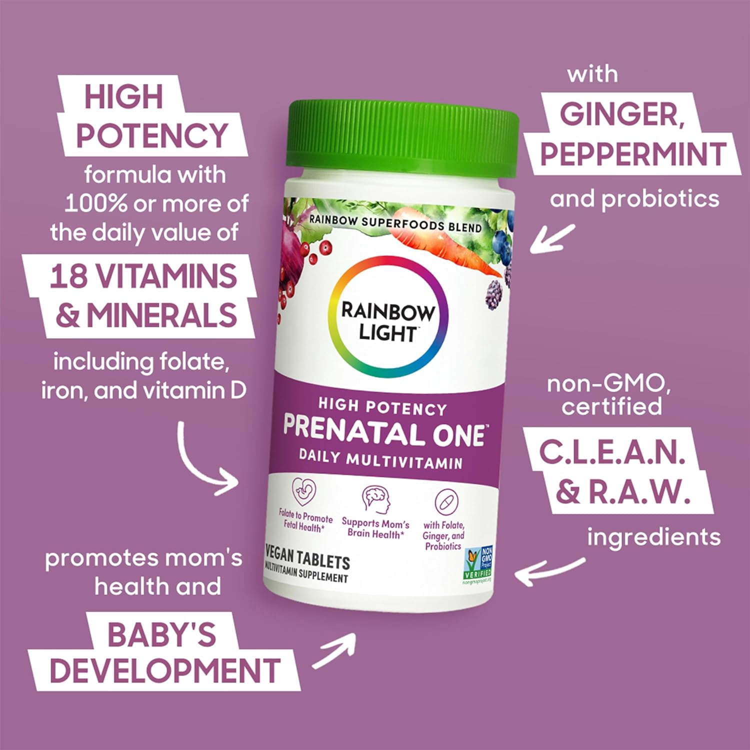Prenatal One Multivitamin with Folate, Ginger and Probiotics | 150 Vegan Caplets | by Rainbow Light