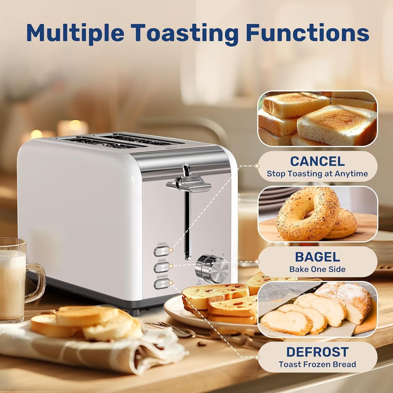 YSSOA Stainless Steel 2 Slice Toaster, 6 Browning Setting and Bagel/Defrost/Cancel Functions, Retro Compact Oven, Extra Wide Slot, Removable Crumb Tray, White