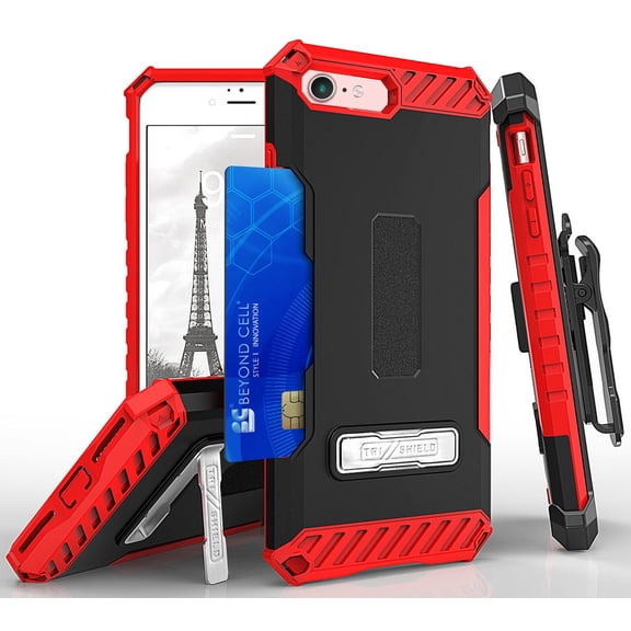 RED TRI-SHIELD RUGGED CASE with KICKSTAND   BELT CLIP HOLSTER   LANYARD WRIST STRAP   WALLET CREDIT CARD SLOT   TEMPERED GLASS PROTECTOR FOR APPLE iPHONE 7/8