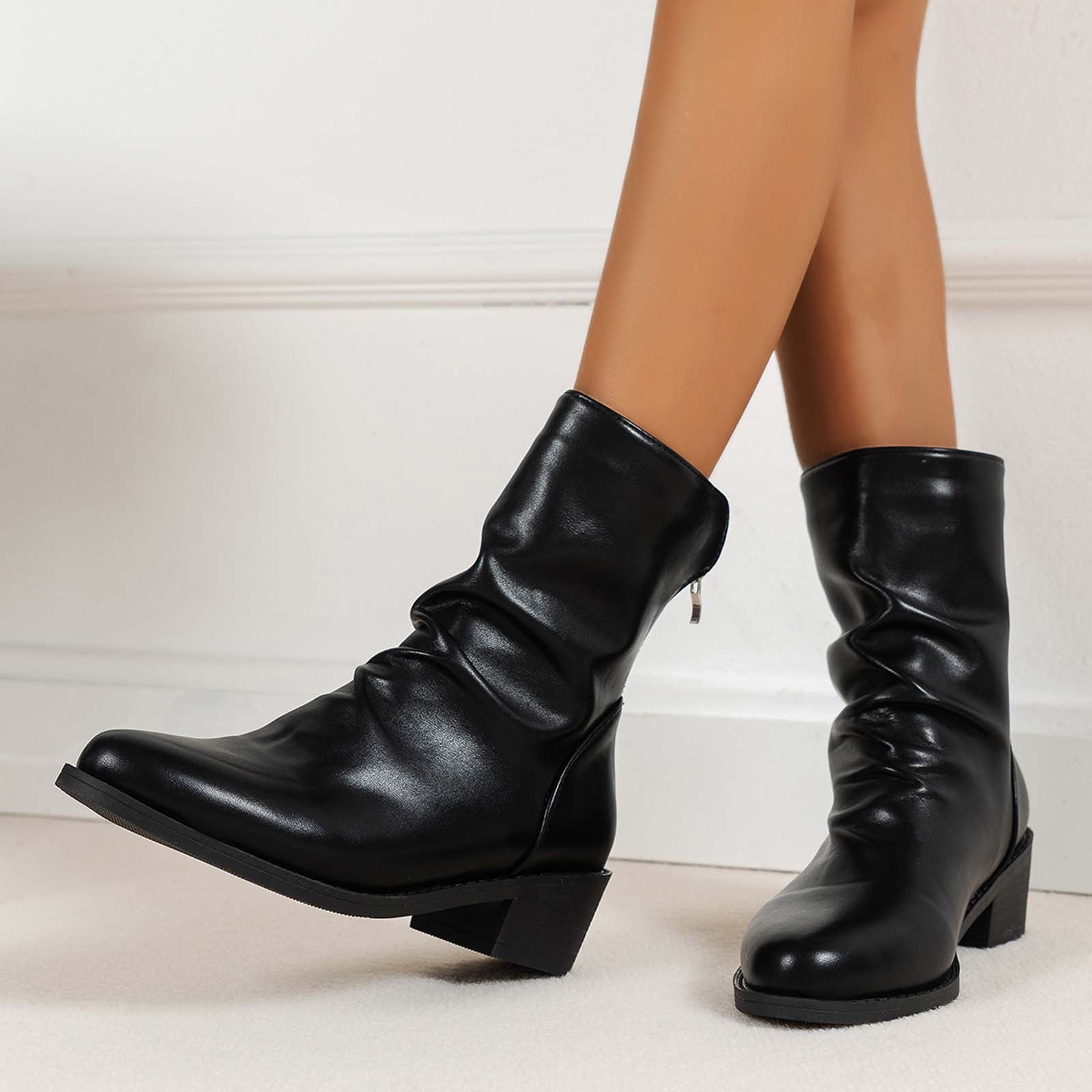Faux Patent Leather Mid-Calf Boots Black Women's 9.5