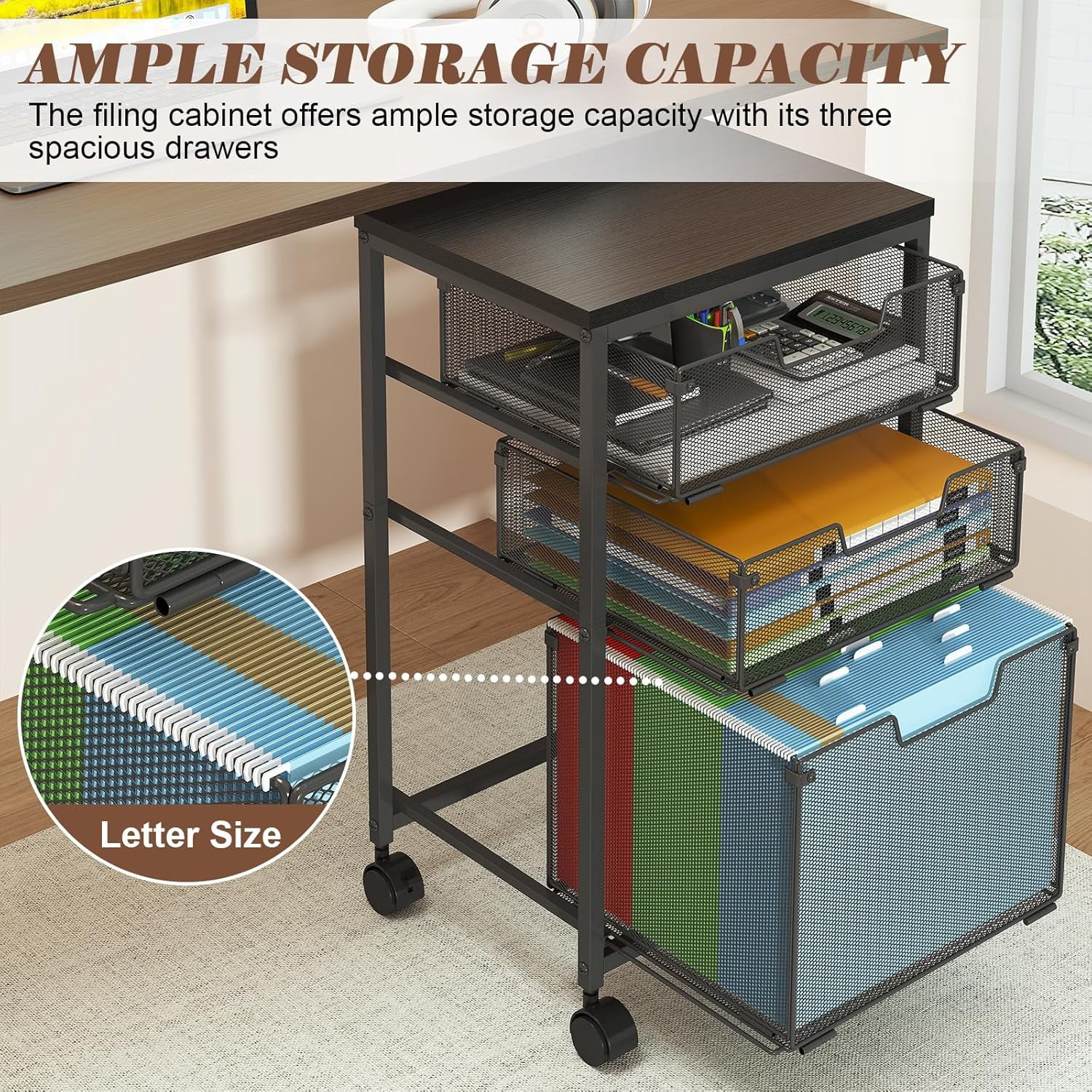 Rolling File Cart with 3 Drawers, Under Desk Storage Mobile Filing Cabinet for Home Office, Hanging File Folders Organizer, Utility Cart with Wheels, Printer Stand, Black