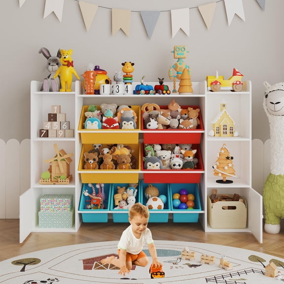 Kids Toy Storage Organizer with 8 Multi-Color Removable Bins Kid Bookshelf and Toy Storage w/2 Storage Cubbies Large Toy Box with Bookshelf for Study Room, Bedroom, Kids Room, Classroom, Nursery