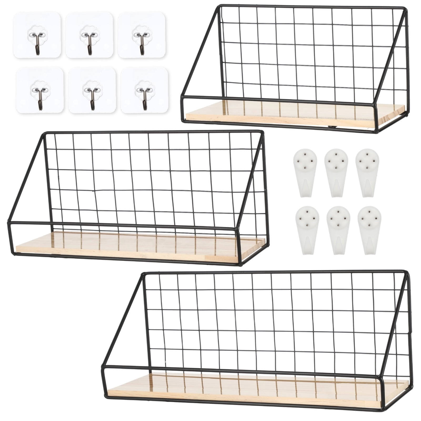 Decorative Shelf, 3 Pcs Floating Shelves for Wall No Drill Wall Mounted Wood Shelf with Metal Rail, Wire Frame Rustic Wall Decoration for Kitchen, Bathroom, Bedroom, 13.8/11.8/9.8 in Black
