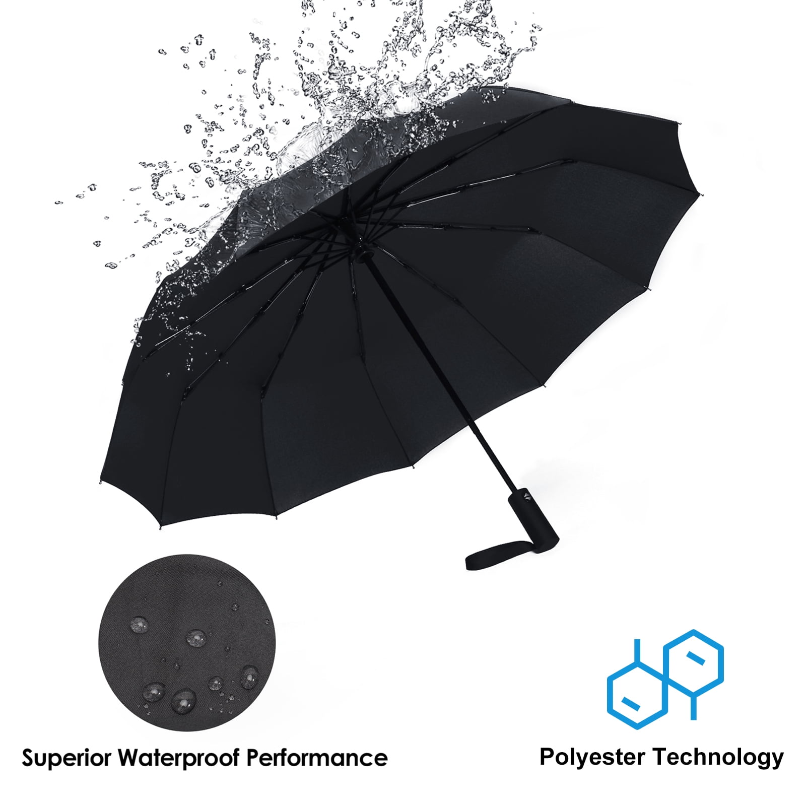 gastropod JIGUOOR 12 Ribs Wood Handheld Folding Umbrella Windproof Compact Travel,Auto Open/Close Large Rain Umbrellas w/Teflon Coating, Ergonomic Handle FREE Leather Case for Mens Women