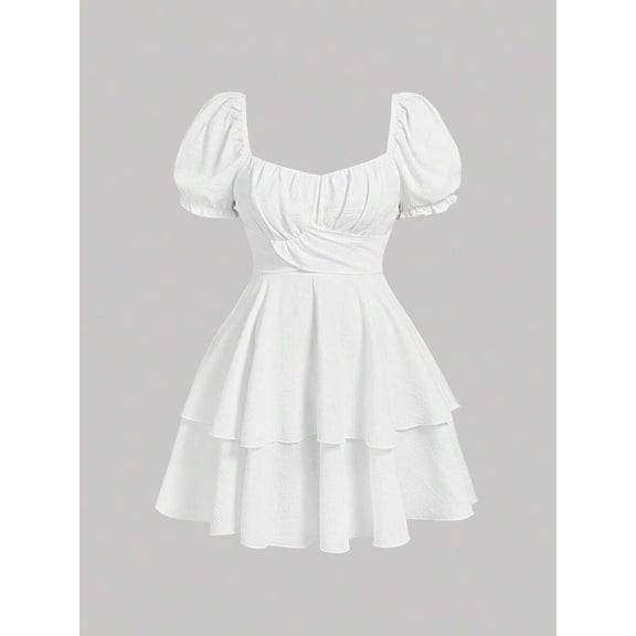 White Sweetheart Neck Puff Sleeve Tiered Mini Dress For Women