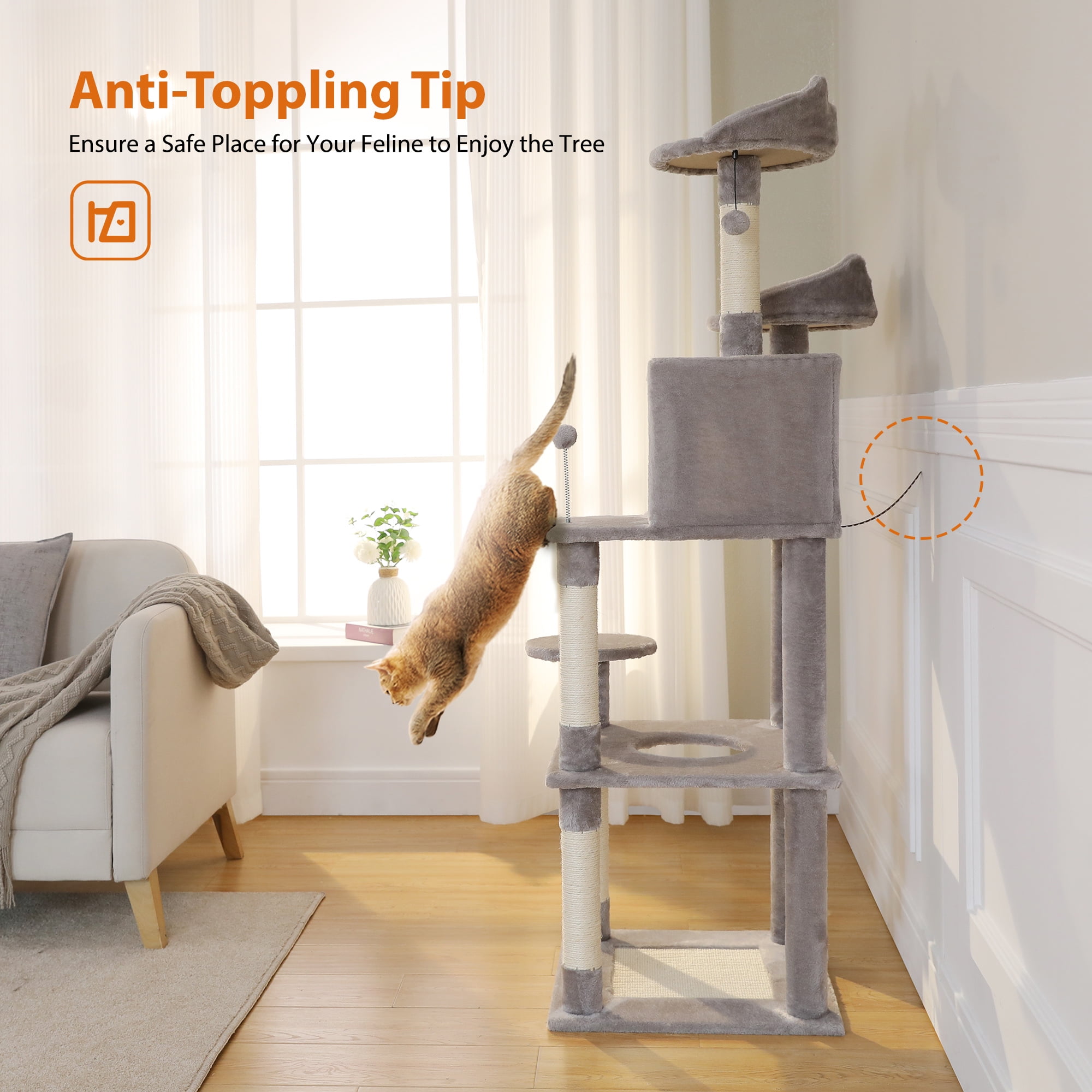 Kadyn 63" Cat Tree Tower for Indoor Cats, 4 Levels Platform Cat Condo for Large Cats with Fully Scratching Posts, Gray
