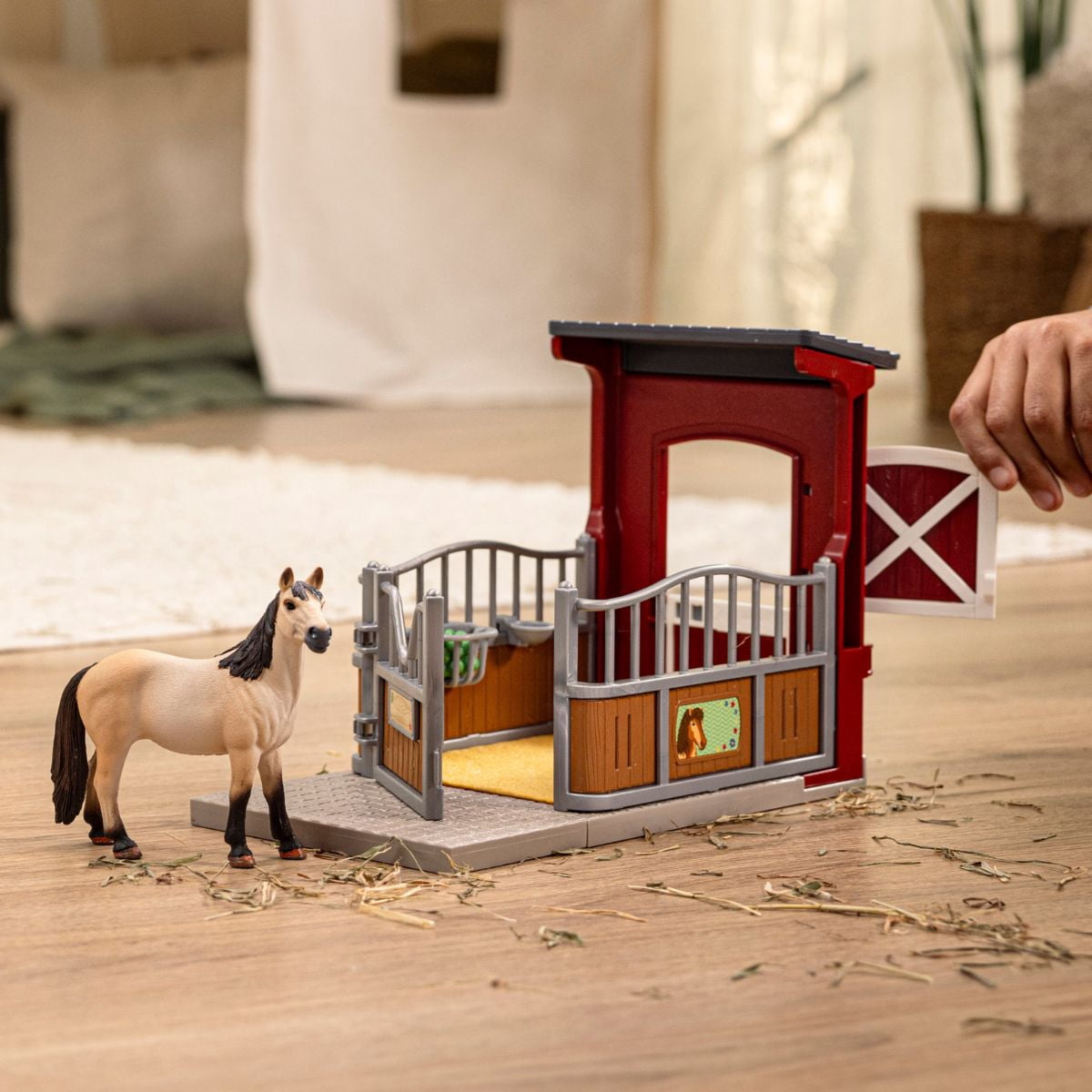 Schleich Farm World - 4pc Horse Stall & Mare Toy Set for Kids - Customizable Write-On Name Tag for Realistic Stall - Farm Animal Toys - Interactive Play for Kids Ages 3+ 42724