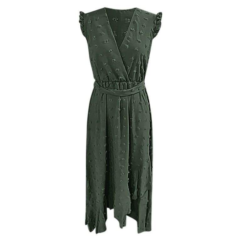 Women Summer Wrap V Neck Ruffle Sleeve Dot Boho Ruffle Slit Flowy Dresses  Swing Dress with Long Sleeves High Neck Dress for Women Cute Short Dresses  Summer Dresses for Women under $12