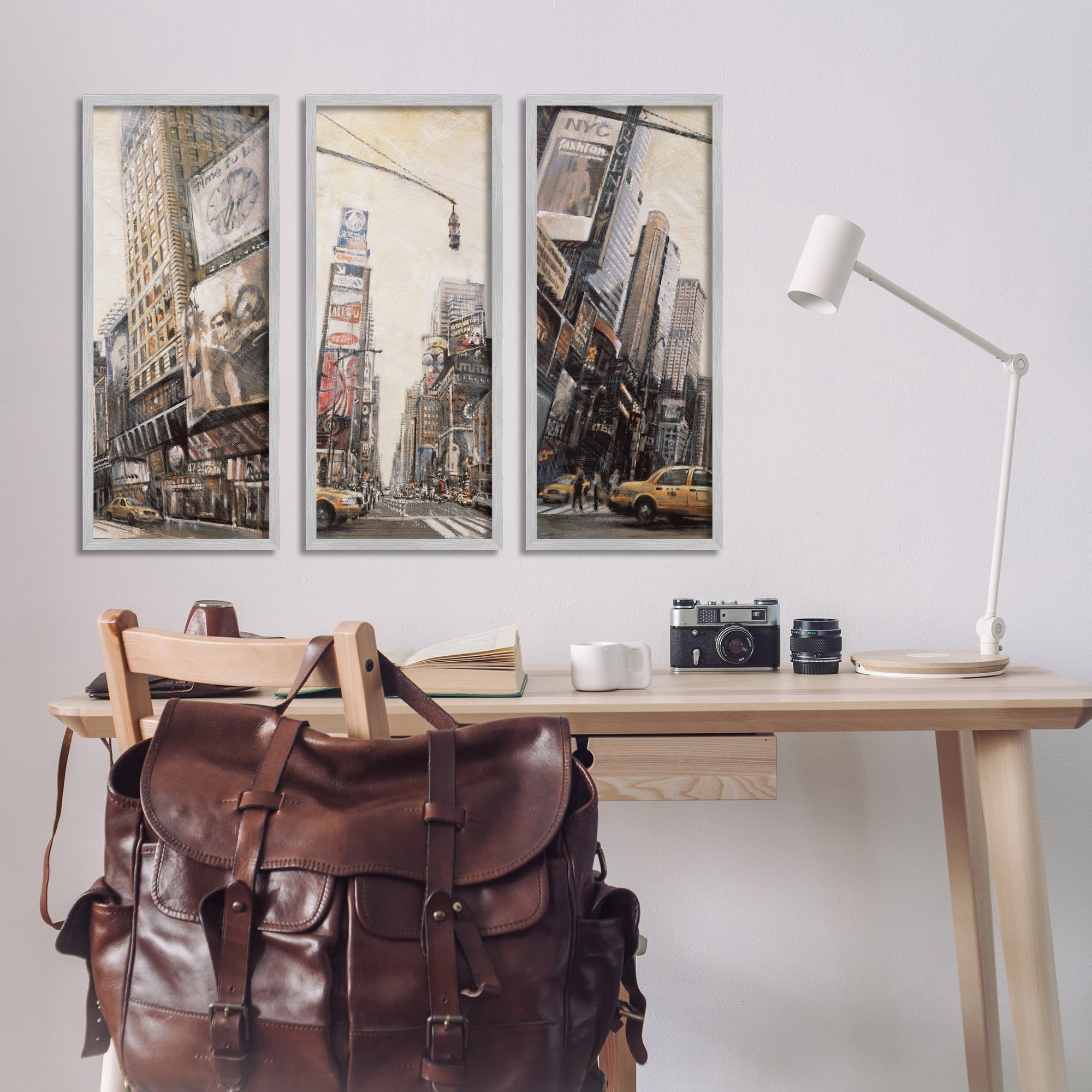 Stupell Industries New York City Streets Buildings Transportation Painting Gray Framed Art Print Wall Art, 10 x 24, Set of 3