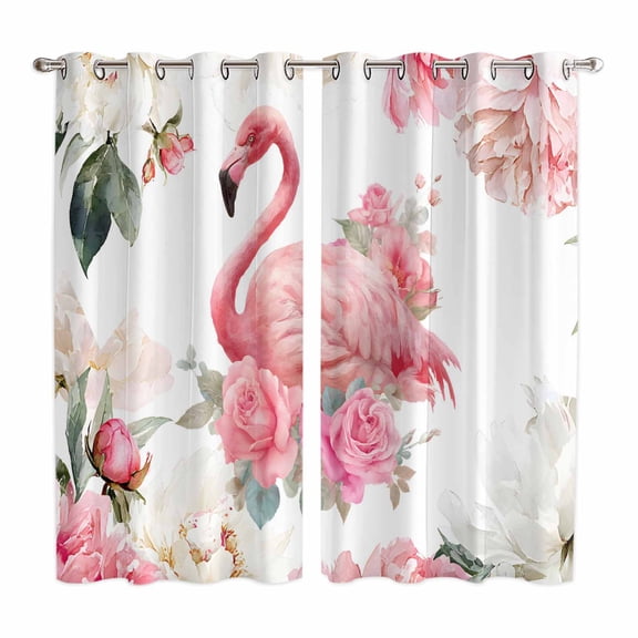 Curtains 84 Inches Long 2 Panels, Pink Flamingo Grommets Window Treatment Curtain, Watercolor Flowers Spring Floral Leaf Plant Thermal Curtains Drapes for Living Room/Bathroom