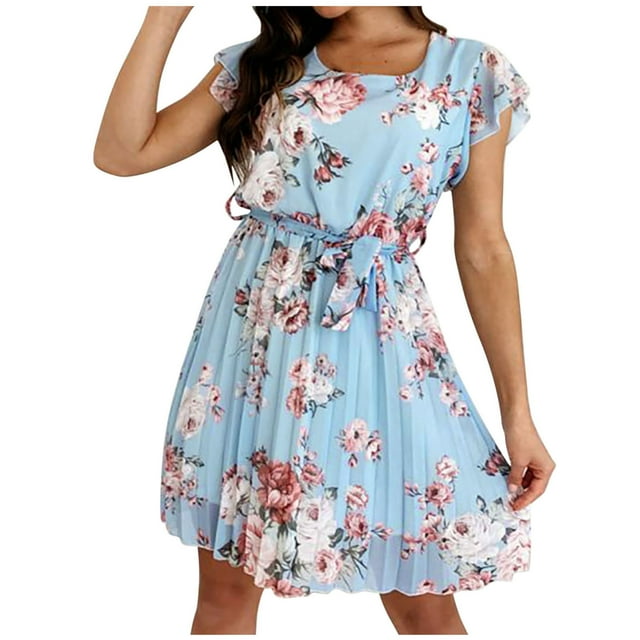 Robes d'Été Mini pour Femmes à Volants Manches Courtes Boho Imprimé Floral Robe de Plage Plissée Robe Courte