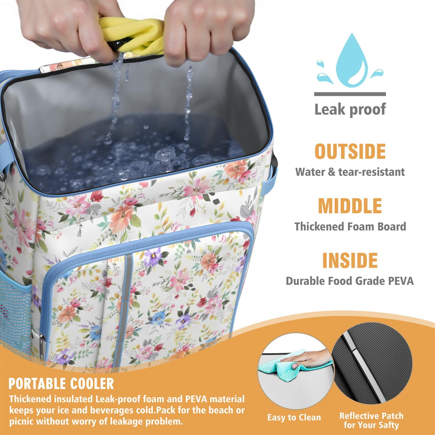 Travel Cooler Bag - Pioneer Flower Floral Print Pattern Camping Beer Cooler Backpack with Bottle Opener- Waterproof Insulated Picnic Backpacks - Cooler Bag for Beach
