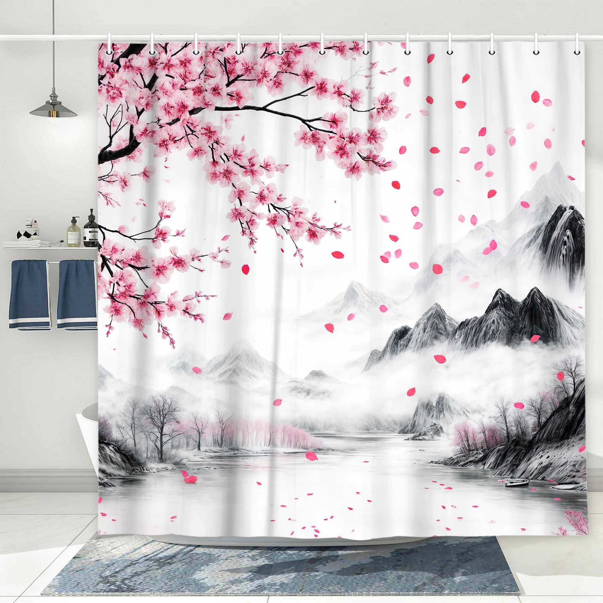 Cherry Blossom Shower Curtain, Japanese Asian Pink Floral Asian Mountain Bathroom Decor, Waterproof Cloth Fabric Bath Curtain with Hooks, 72X72in