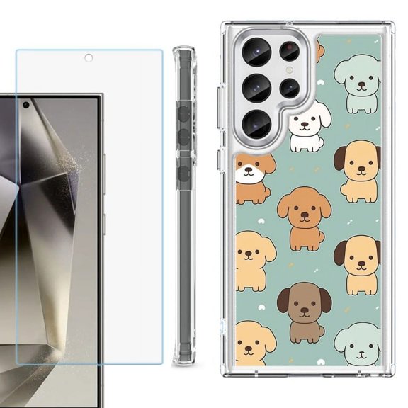 OneToughShield ® Case Compatible with Samsung Galaxy S24 Ultra, Shockproof Bumper Phone Case, with Tempered Glass Screen Protector - Puppies