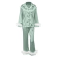 thumbnail image 4 of Women's Silk Pajamas Fuzzy Feather Trim Button Down Long Sleeve Shirt Pants Womens Two Piece Lounge Set Woman Pajamas, 4 of 4