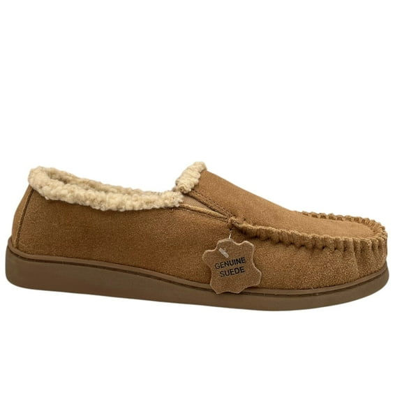 Minnetonka Evan Men’s Suede Slippers Size 10 Brown-Tan Slip-On Faux Fur lining