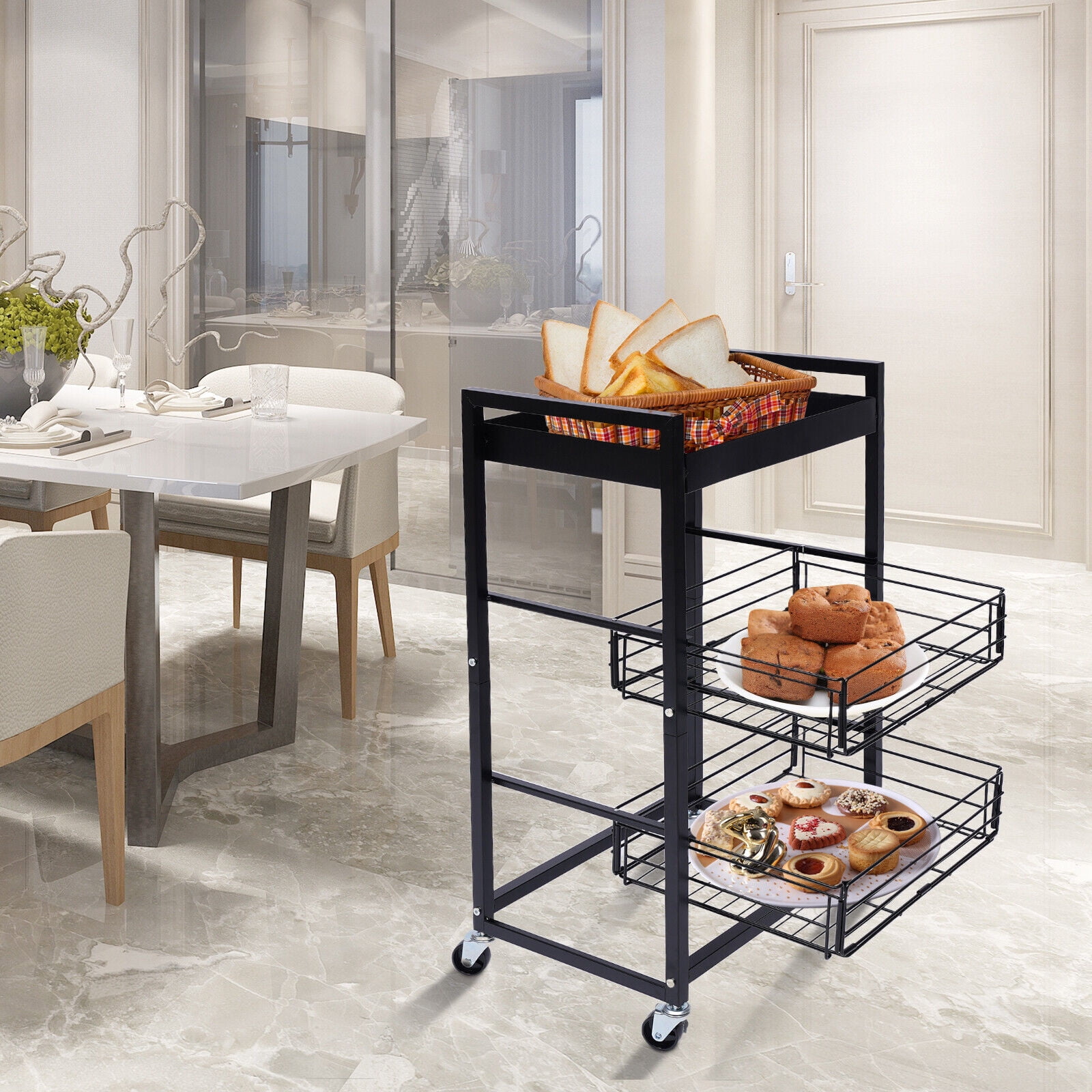 YIYIBYUS Kitchen Storage Rolling Cart 3 Tier Storage Rack Metal Basket
