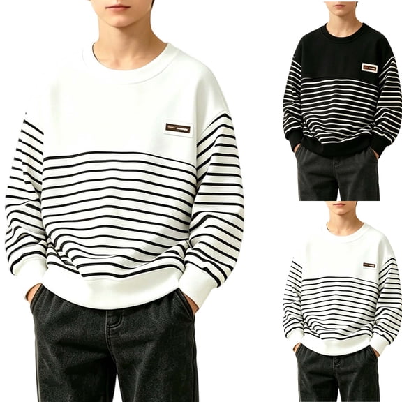 Tsivenald Boys Striped Sweatshirt Crewneck Long Sleeve Pullover Soft Casual Sweater for Toddler Boys 1-12 Years, White
