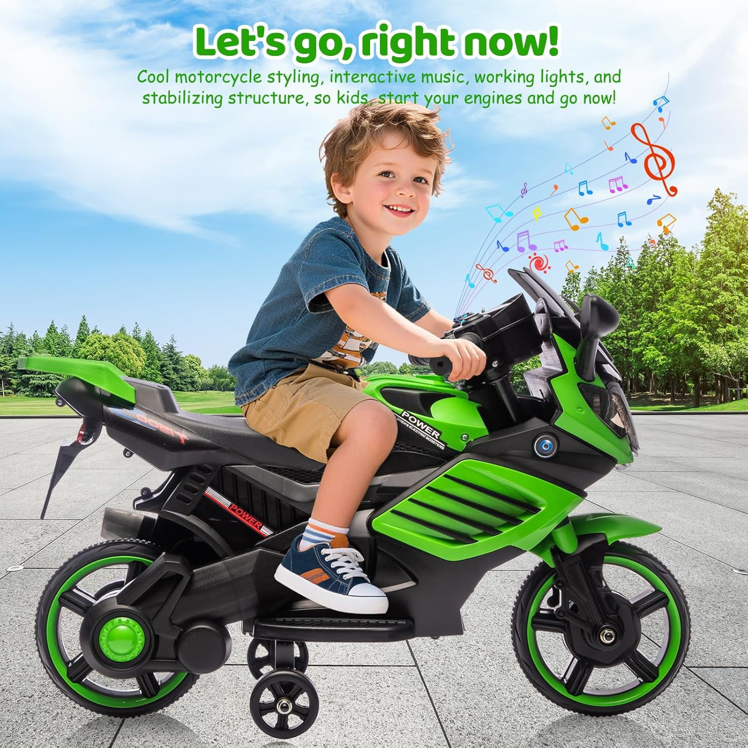 Trilenars 6V Motorcycle, Electric Ride On Car Toy with Training Wheels, Working Headlight, Horn & Music, Battery PoweRed Ride On Motorcycle Toy for Ages 3-6,Green