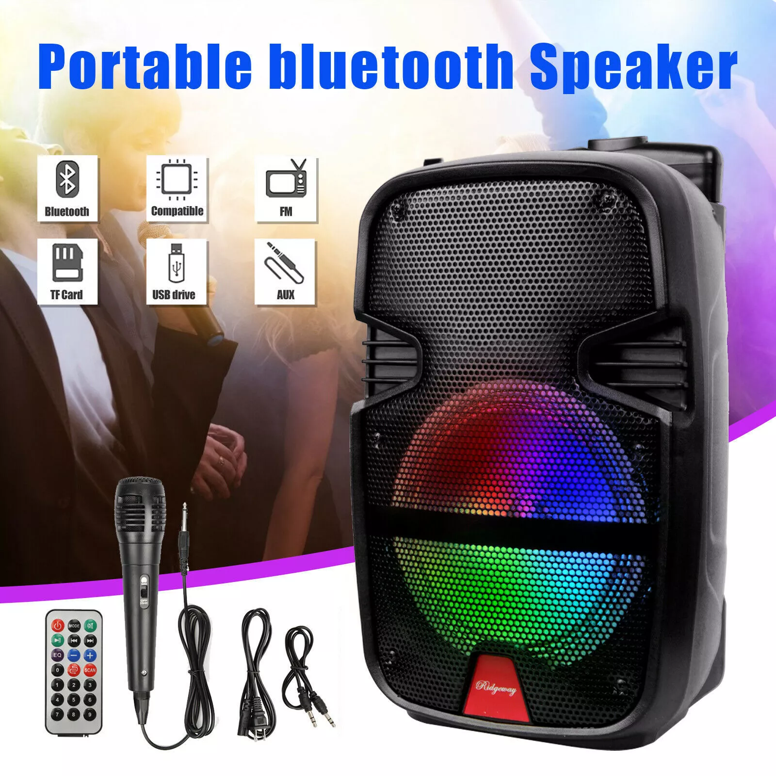 Curuk Portable Bluetooth Portable Speaker 8" Woofer PA System w/ Mic RC LED Handle Wheels