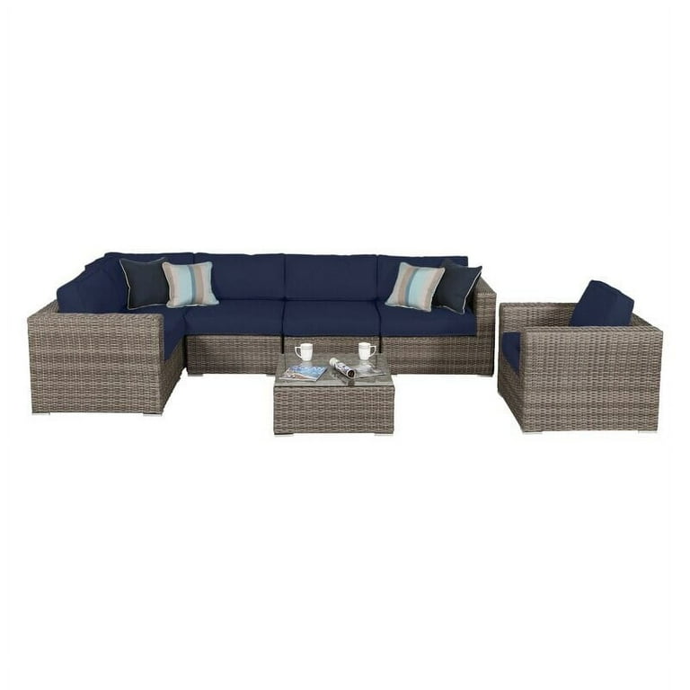 Living Source International LSI 7 Piece Rattan Sunbrella Sectional Seating Group with Cushions Brown Frame Beige Cushion