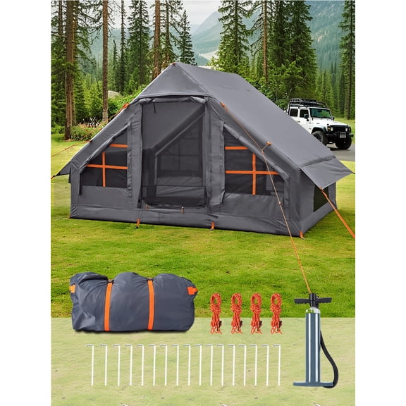 Inflatable Camping Tent, Fast Inflate Air Tent With Hand Pump, Waterproof UV Resistant PVC Blow Up Glamping Tent, Weatherproof Family Outdoor Shelter With Breathable Mesh Windows