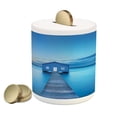 thumbnail image 1 of Landscape Piggy Bank, Sunrise over Water Lakehouse Cabin Boardwalk Sun Rays Clouds Horizon Nature, Ceramic Coin Bank Money Box for Cash Saving, 3.6" X 3.2", Blue Orange Grey, by Ambesonne, 1 of 4